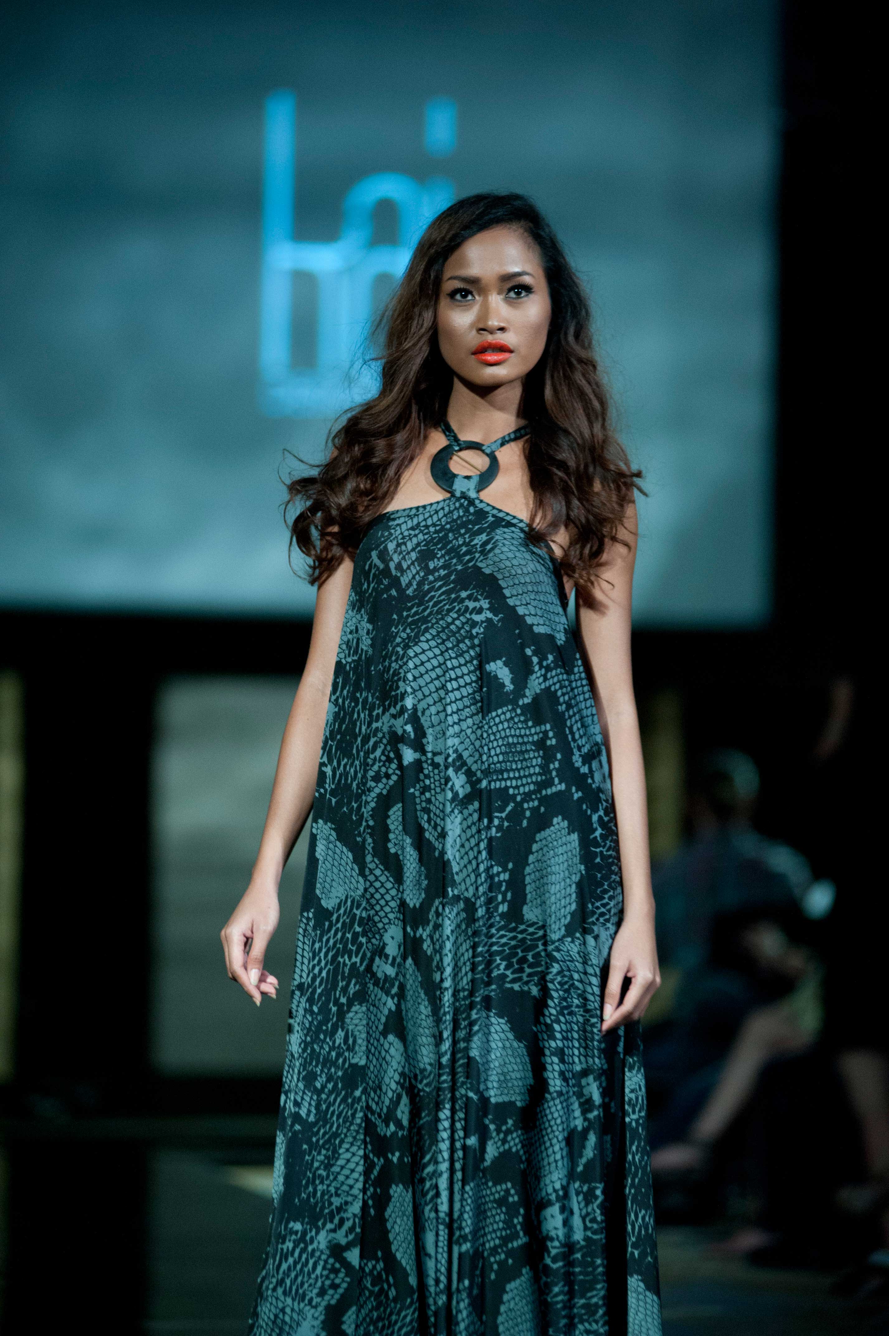 The KajFAB safari of the Kaj Resort collection, Tribu Sauvage, featured on the catwalk at the inaugural Fashion Festival Bali in August 2013 at the luxurious Stones Hotel in Bali’s Legian region. Featured is Kaj’s maxi dress with ring accent. Photo courtesy Anggara Mahendra.